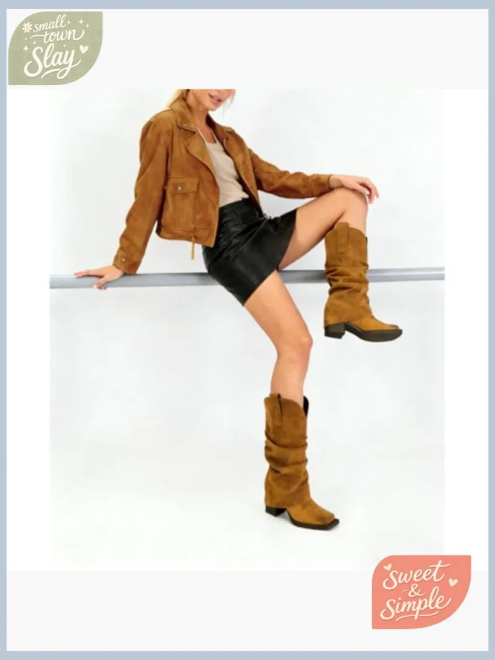 Faux Suede Fold Over Mid Calf Boots Square Toe Chunky Heel Pull On Booties - Picture 2 of 7
